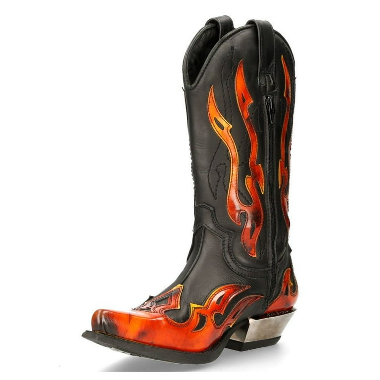 New Rock 7921-S2 Leather Black Red Flame Cowboy Leather Gohic Punk