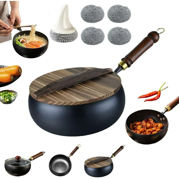 Jinswhdre Cast Iron Skillet, Hand-Forged Uncoated Iron Pan, Japanese Iron Pan, Uncoating Cast Iron Pot, Multi-purpose, A Must-Have Kitchen Tool(9.4/10.2 in) (Wooden Lid(10.2))