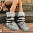 thumbnail image 2 of Rokment Womens Fuzzy Faux-Fur Mid Calf Winter Snow Boots with No Heel Fashion Punk Buckles Strappy Furry Plush Short Dress Booties Grey Size 8.5, 2 of 7