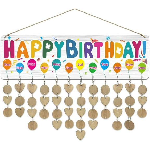 1 Pc Wooden Family Birthday Reminder Calendar Board Happy Birthday Colorful Balloon Birthday Calendar Wall Hanging with 100 Tags Birthday Gifts for Father Mother 4.7x15.7inch(12x40cm)