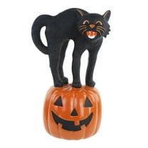 THOPBPRK Happy Haunting Black Cat & Jack-o'-Lantern Blow Mold Figurine- Stone Resin Hand Painted Crafted Collectible Halloween Figurines with Lights Home Decor Statue, 7.87 Inch