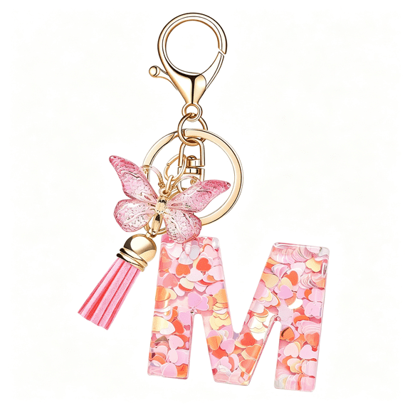 DESIGNICE Fashion Alphabet Initial Letter Keychain Tassel Butterfly Pendant Key Ring for Purse Handbags Women Girl Unique M Keychain