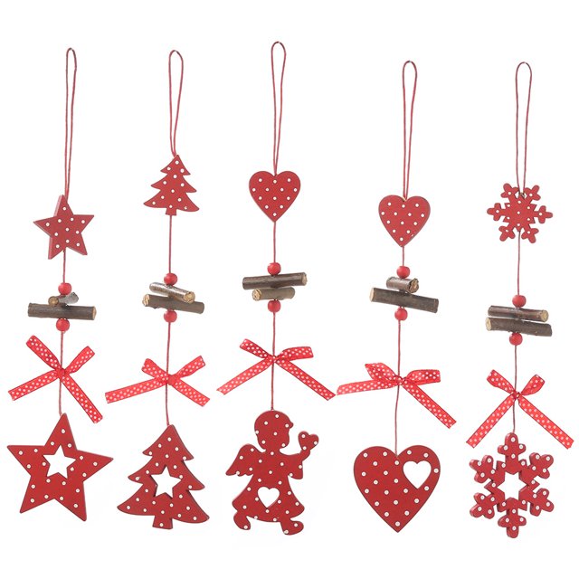 5 piezas Navidad nuevo estilo punto rojo colgante de madera cinco estrellas árbol de Navidad colgante creativo Bowknot amor colgante