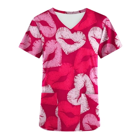 

Summer Savings Clearance 2023! Women s Valentine s Day Nurse Working Uniform Casual Vintage V Neck Short Sleeve T-Shirts Dressy Blouses with Pockets