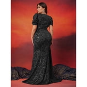 AURA Plus Size Evening Dress V Neck Short Sleeve Slim Fit Party Long Skirt Beaded Polyester