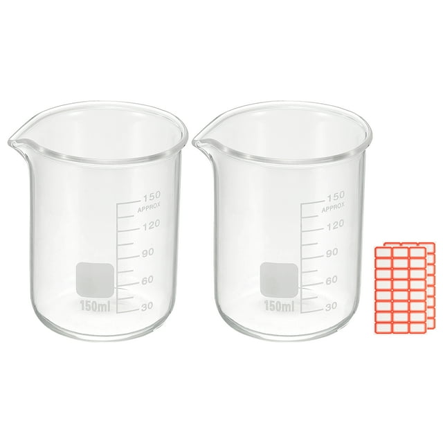 Vaso de vidrio de 150 ml, paquete de 2, vaso medidor de borosilicato, tazas de laboratorio, seguras para calor, transparentes con pico, etiqueta para líquidos