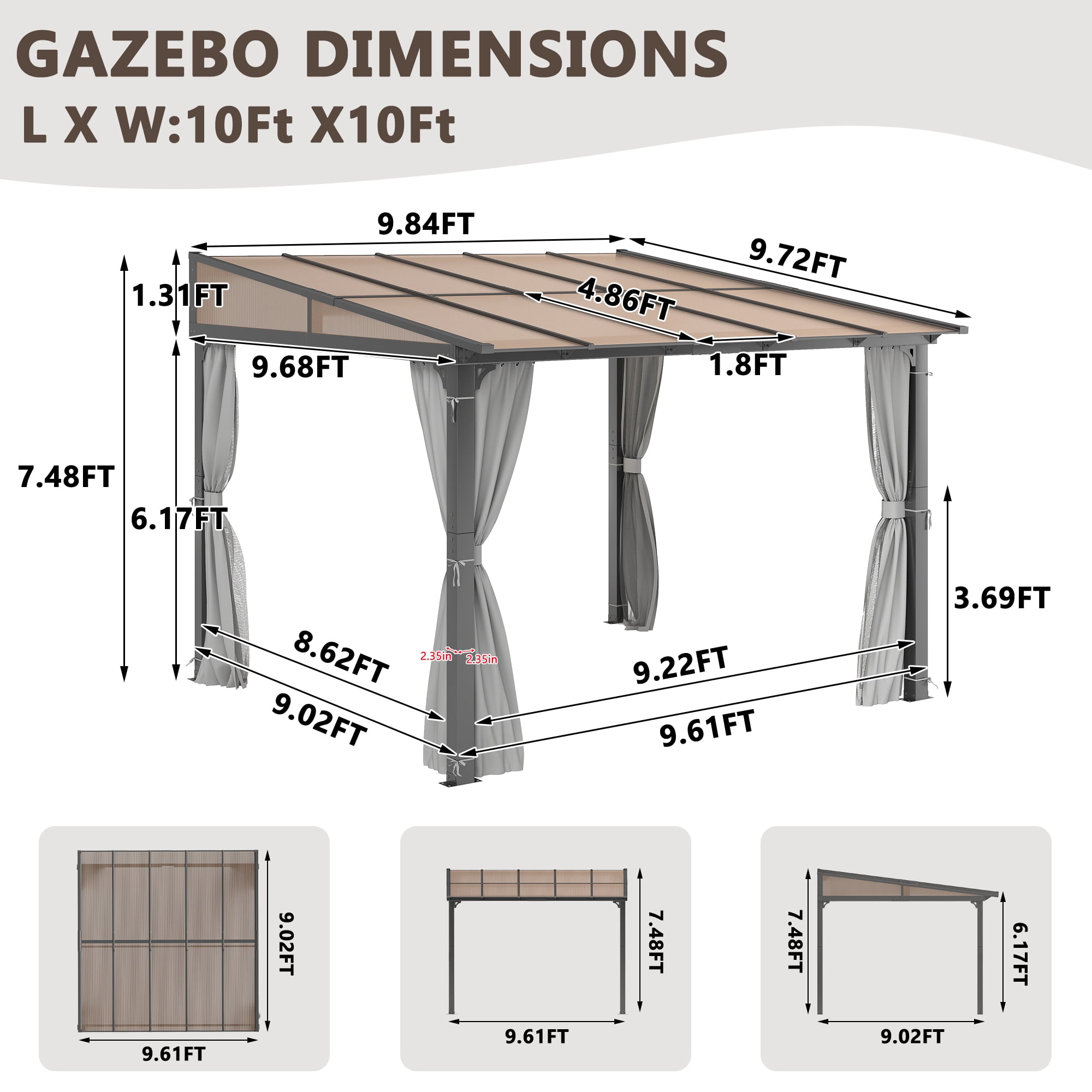 Howsvn 10x10 FT Wall-Mounted Aluminum Outdoor Patio Gazebo, Pop-Up Canopy Tent Instant Shelter with UV Protection & Waterproof Cover for Outdoor Events
