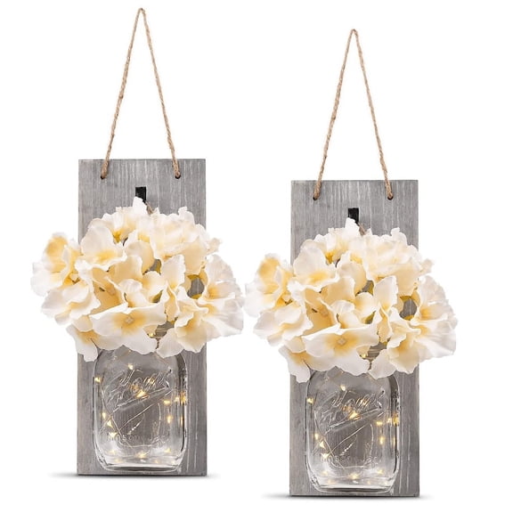 Laimis Decorative Mason Jar Wall Decor - Rustic Wall Sconces with 6-Hour Timer LED Fairy Lights and Flowers, 2 Pack