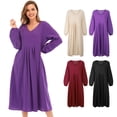 thumbnail image 2 of Vestido de color sólido para mujer, cuello en V, manga larga, puño elástico, fruncido, vestido Abanopi Vestido de color liso, 2 of 7