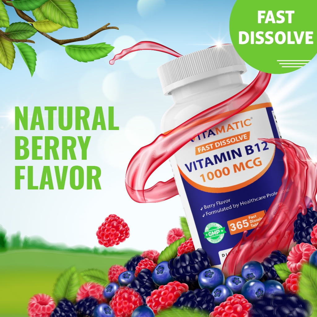 (3 pack) Vitamatic Vitamin B12 1000 mcg Fast Dissolve 365 Tablets - Berry Flavor - Supports Energy Metabolism