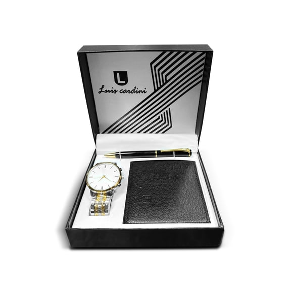 Luis Cardini 15218 Stainless Steel Mens Quartz Watch with Pen & Wallet (Silver)
