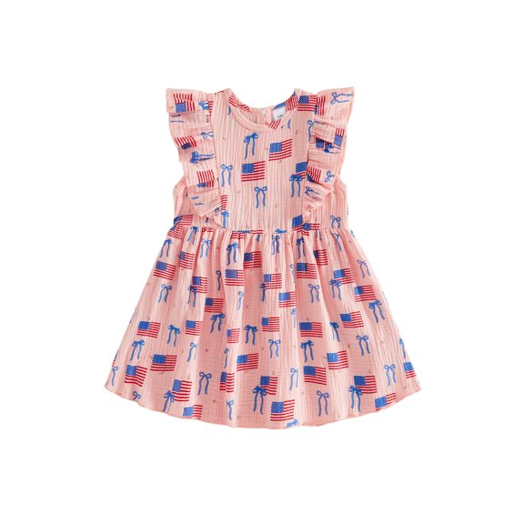 BemeyourBBs Toddler Baby Girls 4th of July Dress Outfit Patriot Independent Day Dress Summer Clothes Fly Sleeve American Flag Bow Print Casual Holiday Dress Baby Girls Fourth of July Clothes