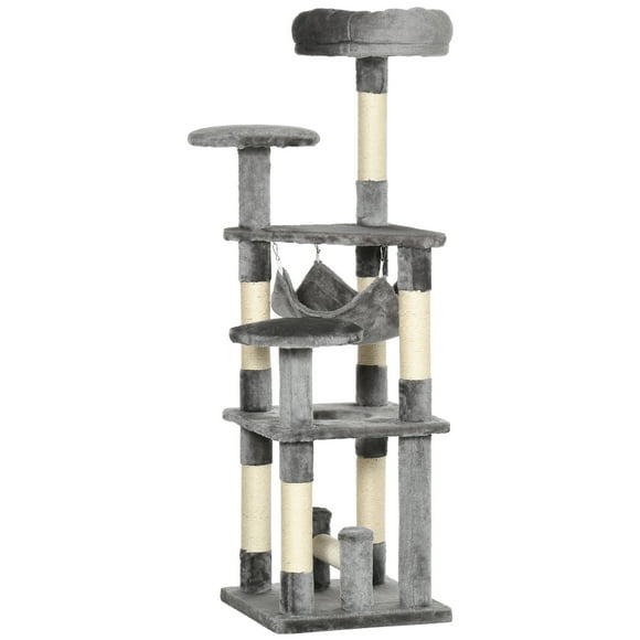 PawHut Arbre à Chat pour Grands Chats Adultes, Tour de 52 Po à Plusieurs Niveaux avec Hamac, Lit pour Chat, Griffoirs en Sisal, Gris