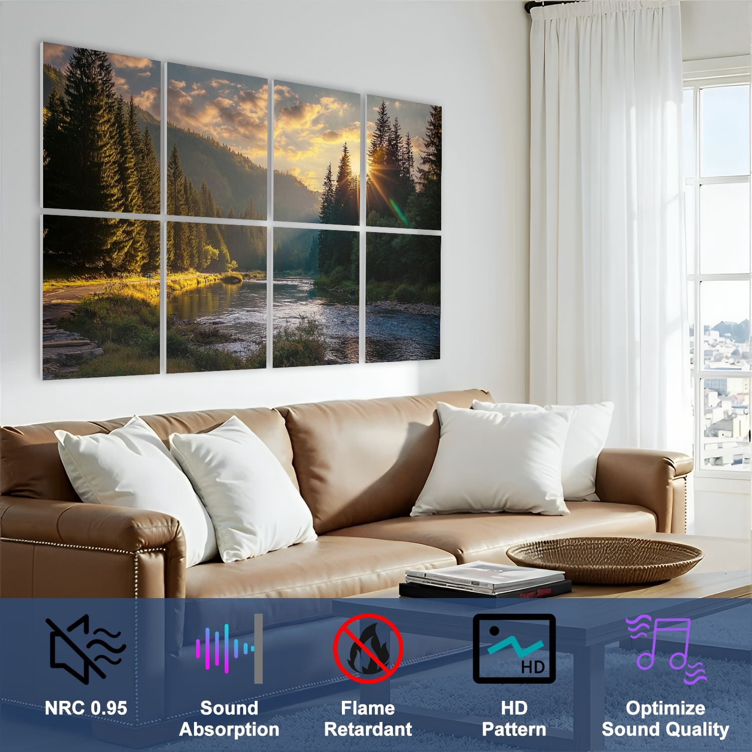 8 Pack Art Acoustic Panels Sound Absorbing winding forest sunset Decorative Soundproof Wall Panels Self Adhesive for Nursery Game Room Bedroom 48"x32"