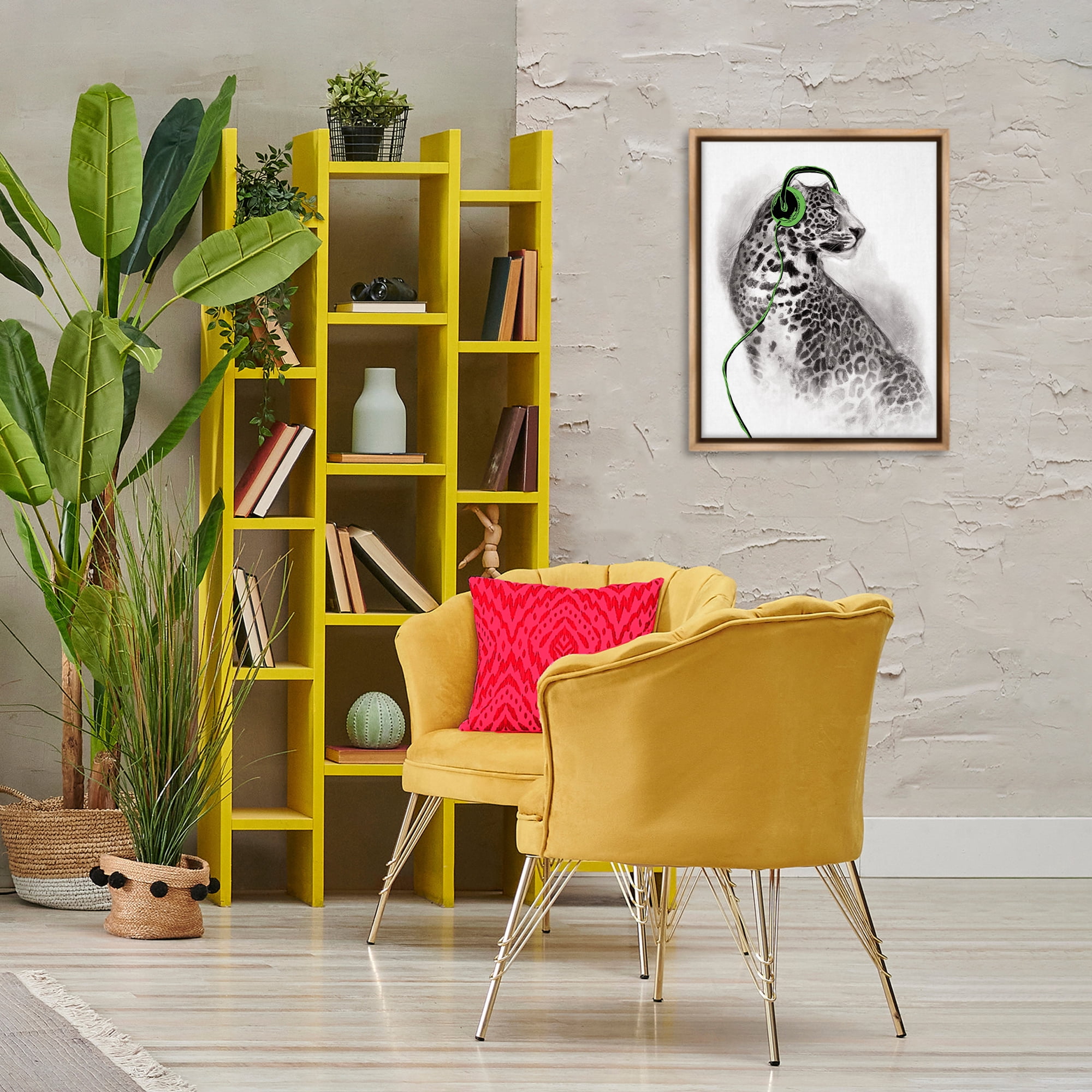Stupell Industries Cheetah with Headphones Animals & Insects Painting Brown Floater Framed Canvas Art Print Wall Art, 17 x 21