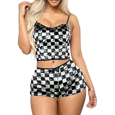 

SpringTTC Women s Pleuche Comfortable 2Pcs Pajamas Set Babydoll Sexy Plaid Spaghetti Top Pants