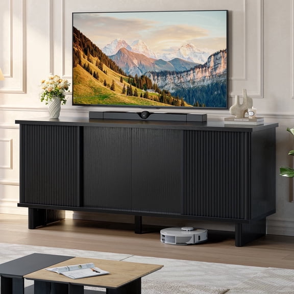 Bestier Fluted TV Stand for 65 inch TVs,Entertainment Center with 4-Sliding Doors,Height Adjustable Shelves,Media Console Table with Cable Management, TV Cabinet for Living Room,Black