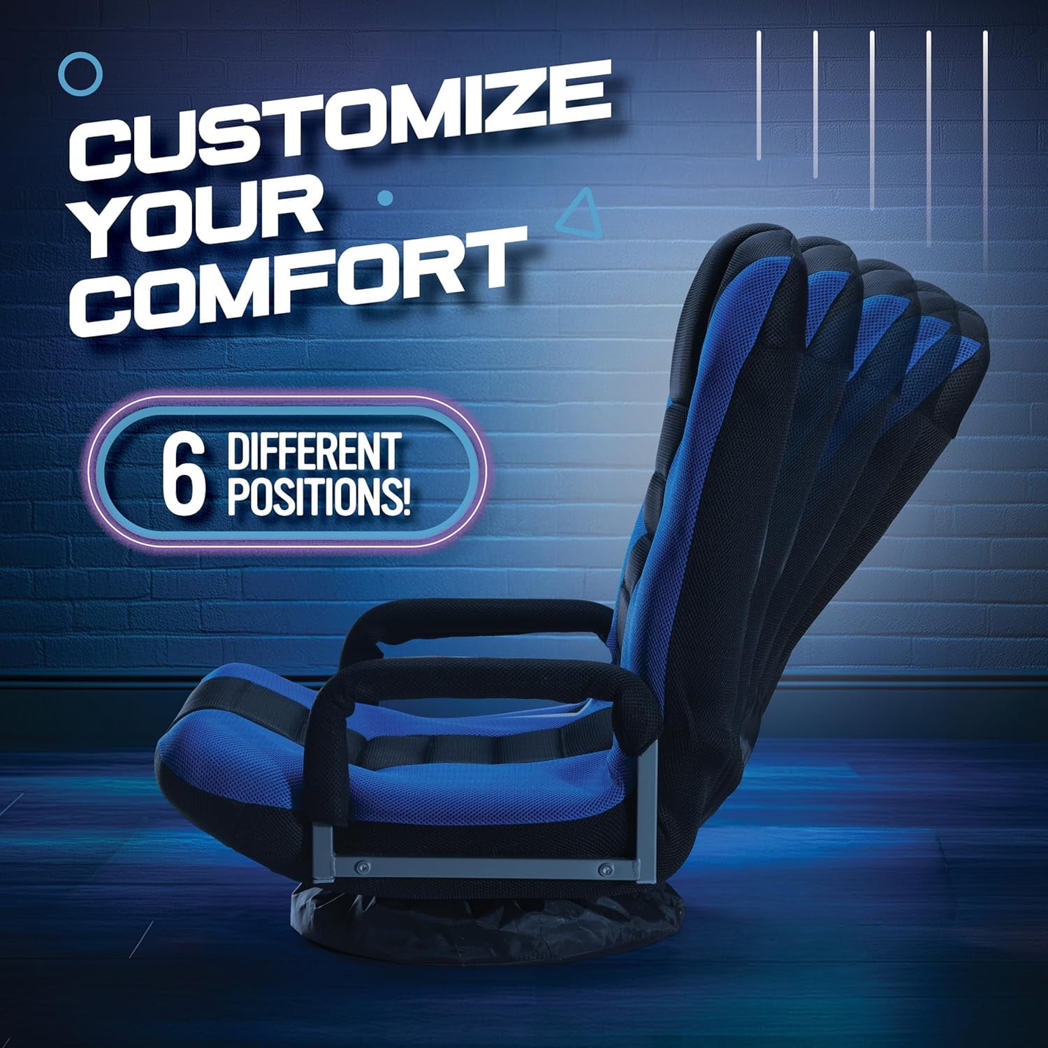 Maple99 Swivel Gaming Floor Chair - Enjoy 6 Different Positions, Adjustable Lumbar Support, Removable Polyester Cover & Arm Rests, Folds to Store, Stylish Blue with Black Center Stripe