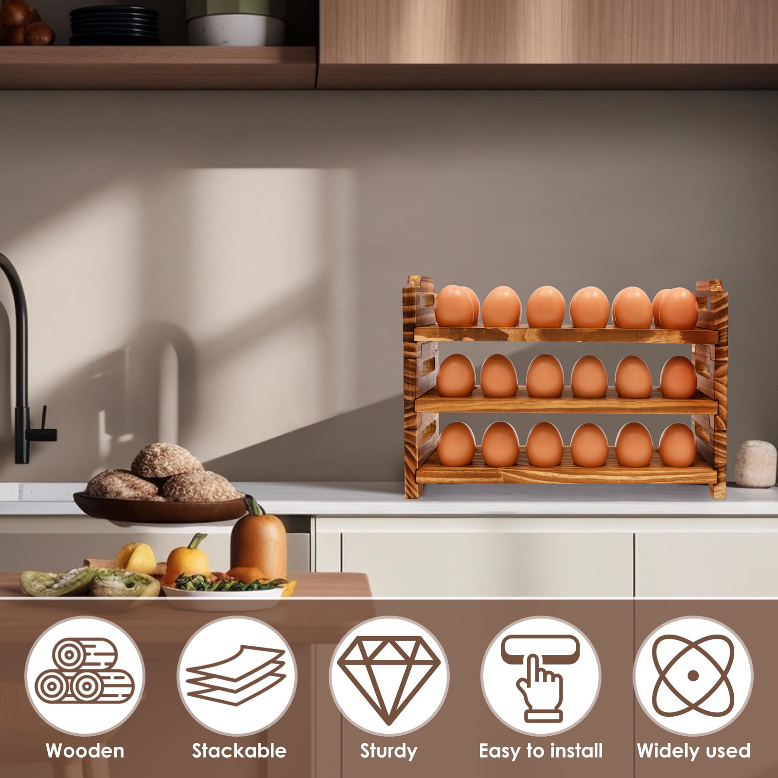 Tcwhniev Wooden Egg Holder 3 Tier Solid Stackable Eggs Collecting Rack Holding Up to 36 Fresh Egg for Kitchen Countertop Cabinet Fridge