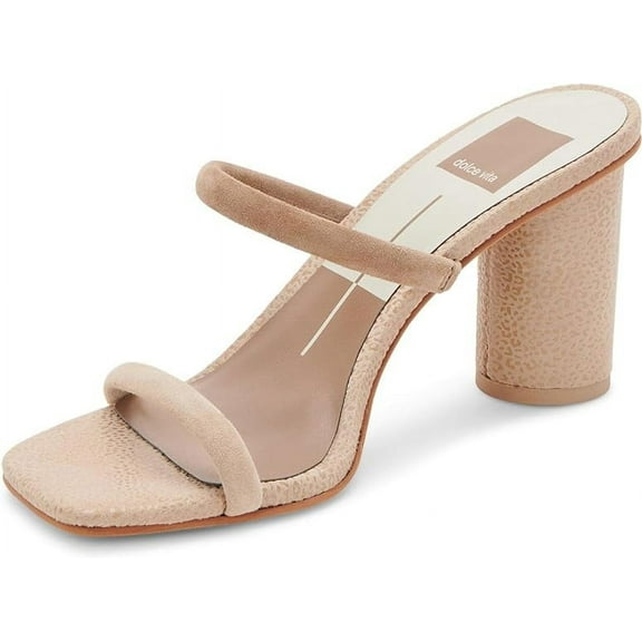 Dolce Vita Noles Dune Suede Slip On Squared Open Toe Strappy Heeled Sandals (Dune Suede, 4)
