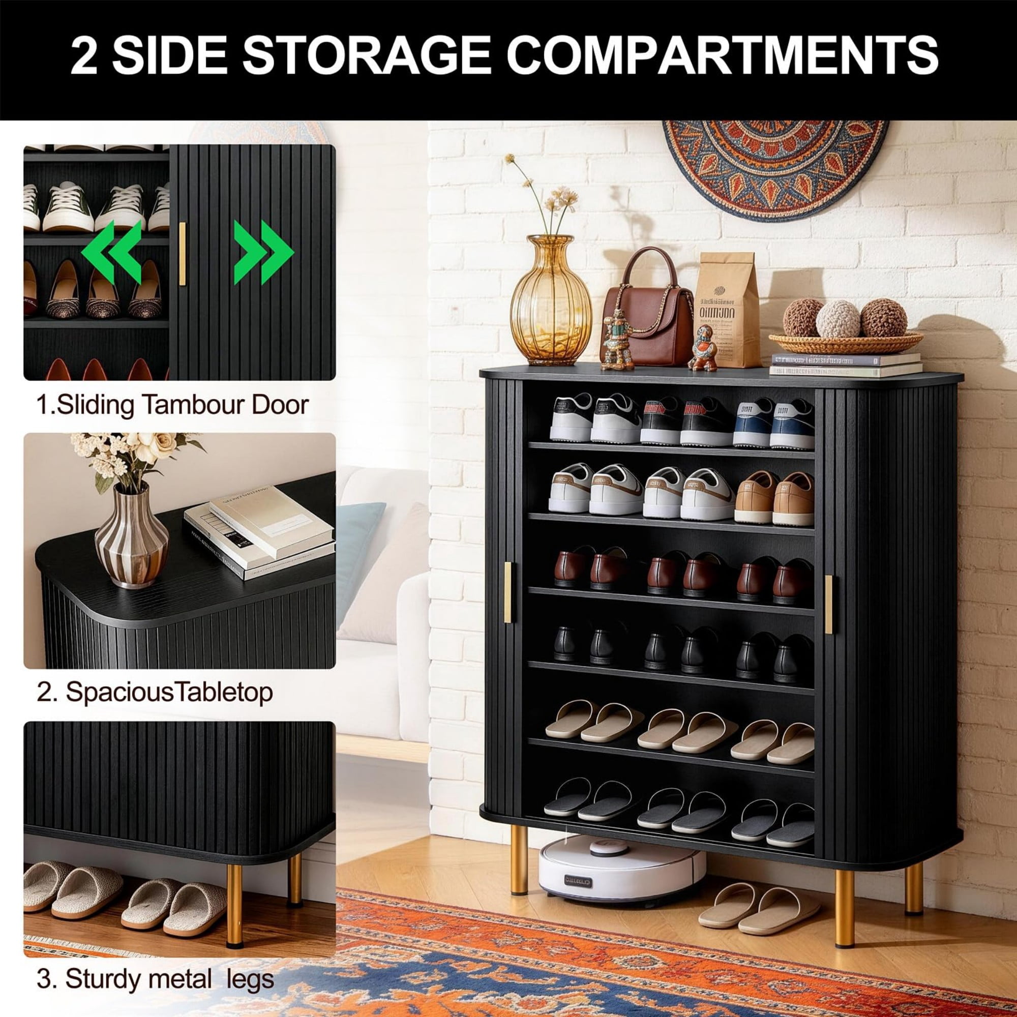 31.5"W Shoe Storage Cabinet with Sliding Door, 6 Tier Adjustable Shoe Rack, Mid Century Modern Entryway Organizer, Black