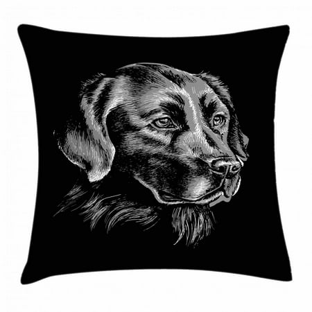 Labrador Throw Pillow Cushion Cover, Artsy Sketch Portrait of Retriever Puppy with Calm Face Best Friend Pattern, Decorative Square Accent Pillow Case, 18 X 18 Inches, Black and Grey, by