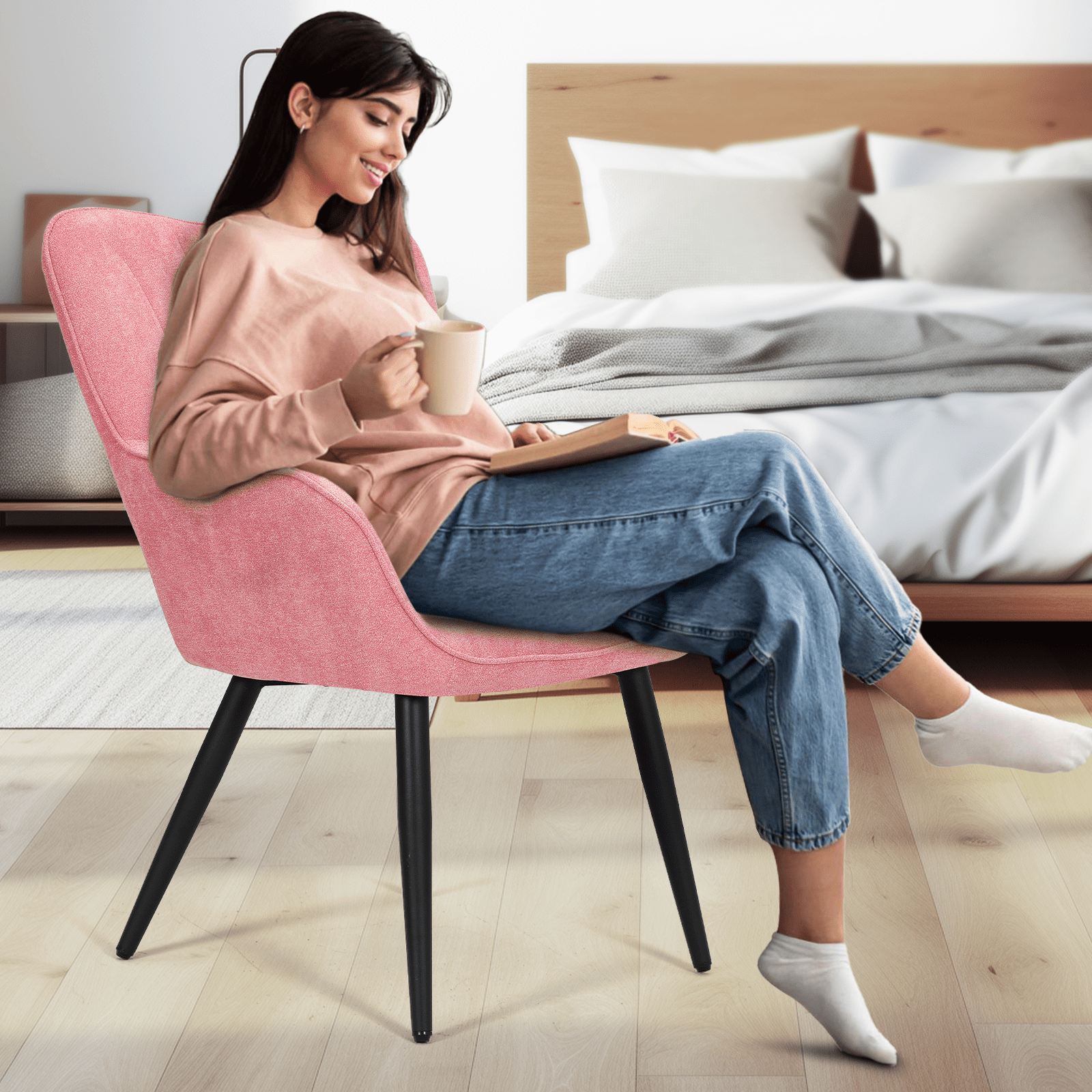 MoNiBloom Upholstered Accent Chair Set of 2, Armchair with Metal Leg, Shell Shape Cotton-linen Single Sofa Chair, for Living Room Bedroom, Soft Pink