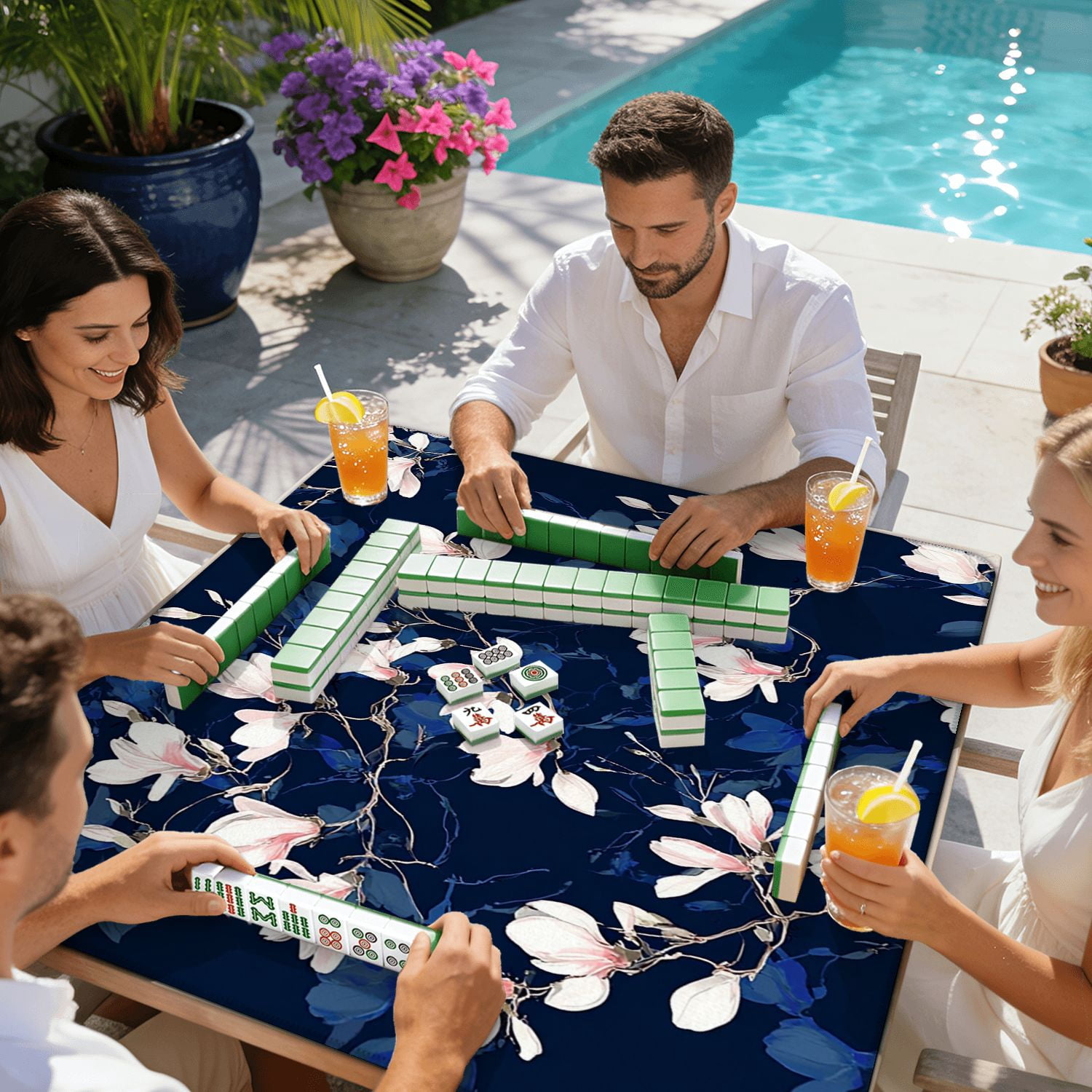 Mahjong Mat 31.5" x 31.5" Magnolia flower Seamless white Non-Slip Noise Reduction American Mahjong Tiles Table Cover for Dominoes Poker Card Board Games Gift