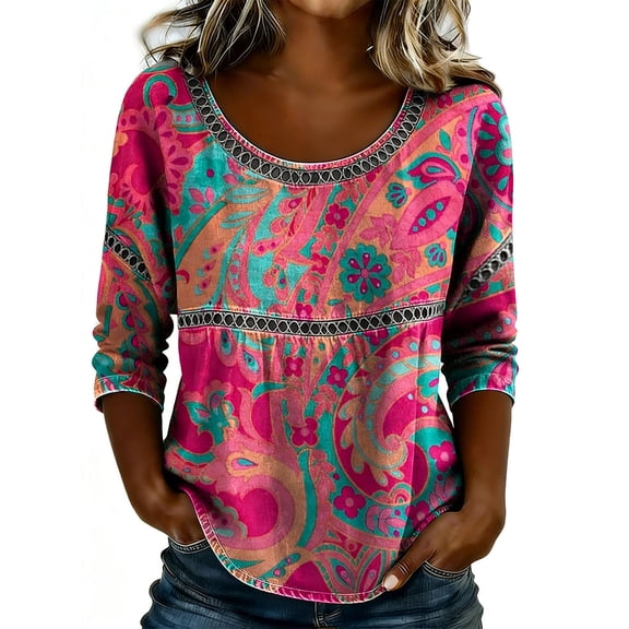 XMYRZ Womens Tops Vintage Floral Graphic Printed Blouses 3/4 Sleeve Crew Neck Dressy Casual Tops Summer Vacation Outfits
