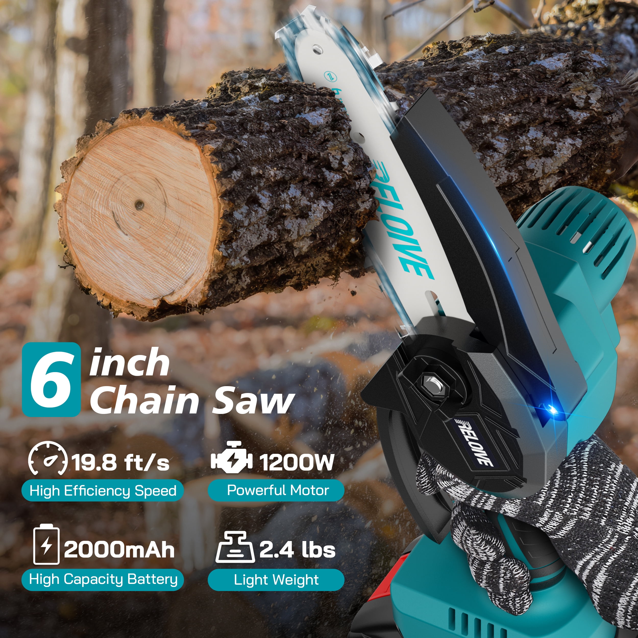 RELOIVE 6" Mini Chainsaw, Cordless Chain Saw with 2PCS 21V 2000mAh Batteries&4 Chains,Electric Chainsaw Small Handheld Power Chain Saw for Wood Cutting Tree Trimming Pruning