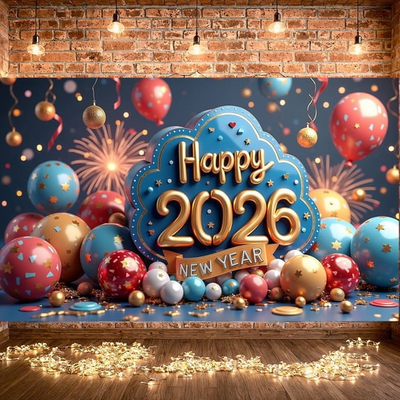 Colorful Theme New Year Banner Gold Lettering 2026 Banner Star Decorated Balloon Pattern Happy New Year Banner for New Year Party Home Decoration Indoor Celebration