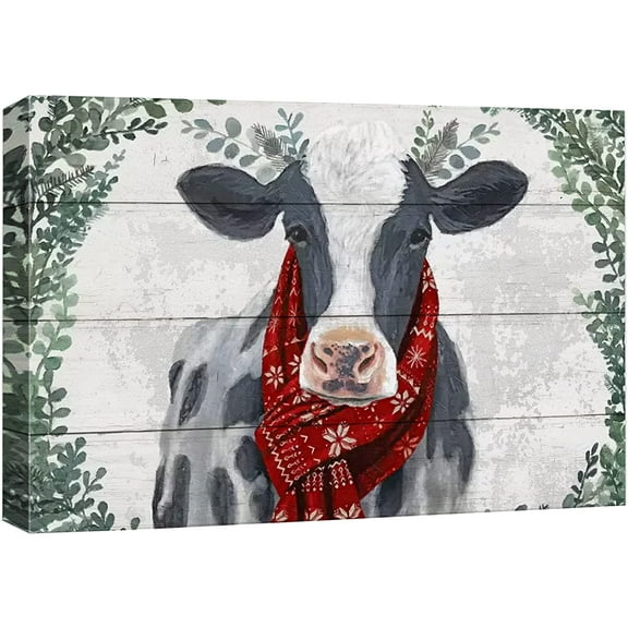 wall26 Canvas Print Wall Art Wood Panel Christmas Winter Farm Cow Celebrations & Holidays Decorative Illustration Modern Art Scenic Colorful Warm for Living Room, Bedroom, Office - 24"x36&qu