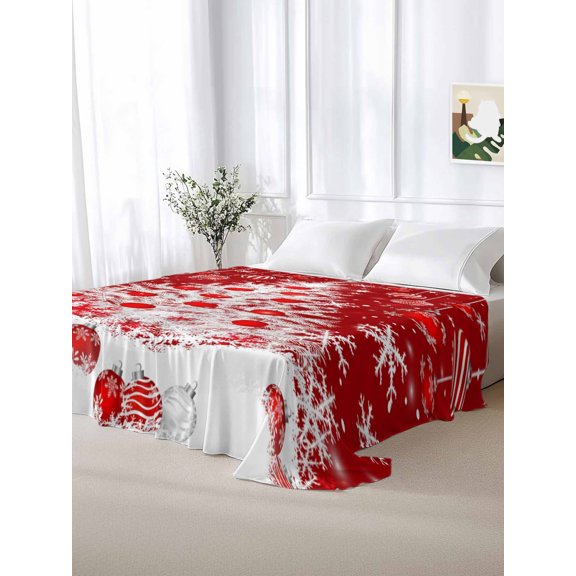 California King Size Flat Sheet Only,Abstract Christmas Tree Red Balls Soft Top Bed Sheets Breathable Bedding Sheet Winter Snowflake Microfiber Hotel Luxury Top Sheets