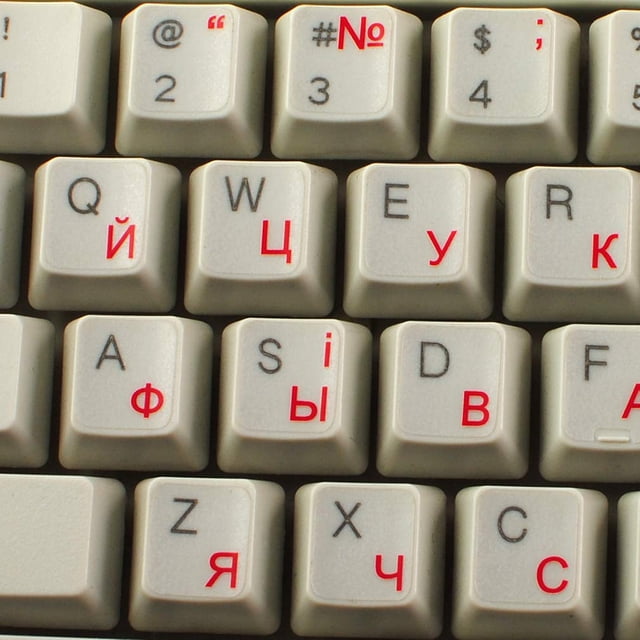 UKRAINIAN RUSSIAN CYRILLIC KEYBOARD STICKERS with RED LETTERING ON CLEAR TRANSPARENT BACKGROUND for DESKTOP, LAPTOP and NOTEBOOK