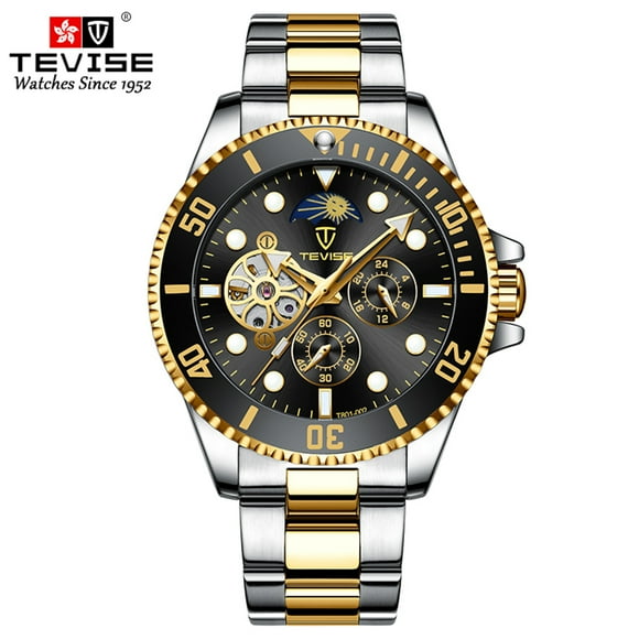 TEVISE Montre Automatique Mécanique pour Hommes Chronographe Analogique Montre d'Affaires 30M Étanche Cadran Lumineux Phase de Lune Montre Habillée