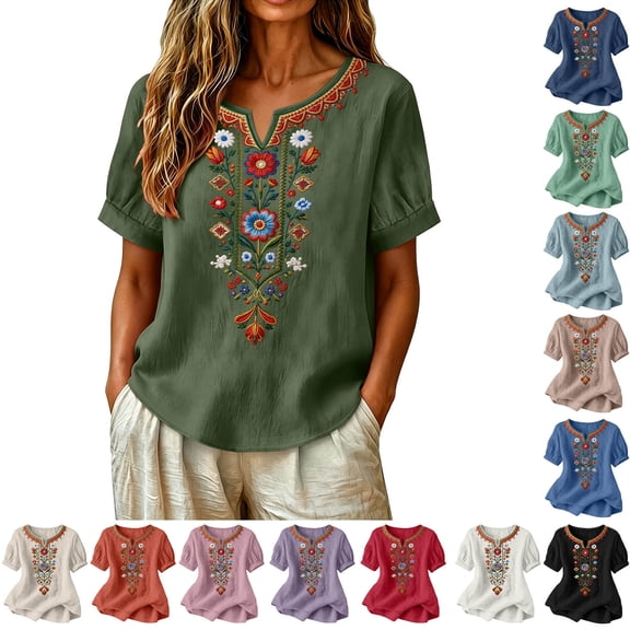 Favoffer Women's Washed Crinkle Linen Blend Shirt Boho Embroidered Tunic Short Sleeve V Neck Loose Fit Peasant Top Elegant Daily Summer Beach Holiday Blouse