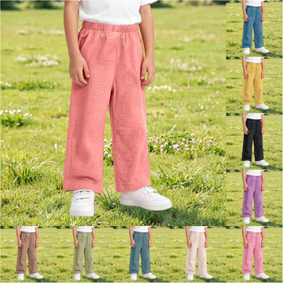 Trendfront Girls Casual Pants Summer Thin Lightweight Double Layer Gauze Home Wear Slacks Solid Color Soft Breathable Loose Fit Kids Long Trousers