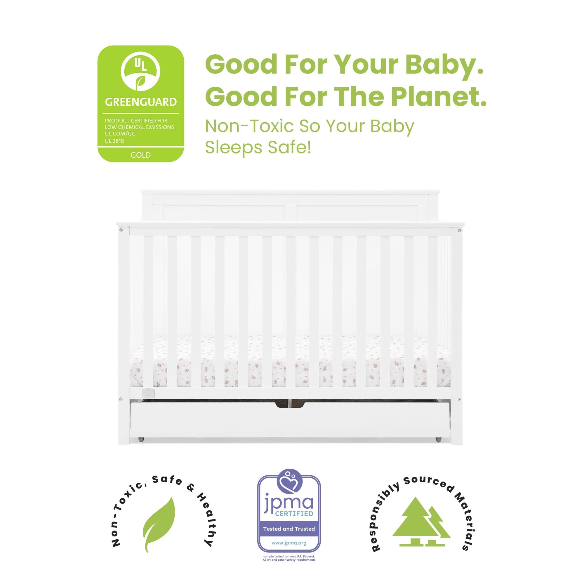 Simmons Kids Logan 6-in-1 Convertible Crib w/ Drawer, Greenguard Gold Certified, Converts to Toddler Bed, Daybed, Sofa & Full-Size Bed w/ & w/o Headboard, Fits Standard Crib Mattress, Bianca White