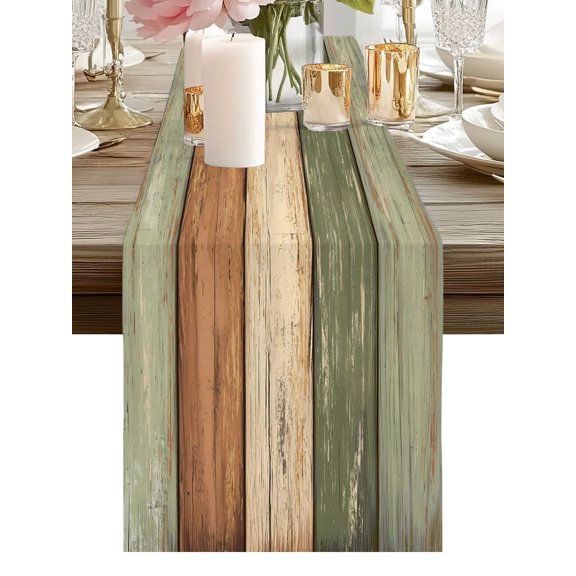 Farmhouse Sage Green Brown Table Runners 72 Inches Long Vintage Wooden Striped Kitchen Dining Table Runner Dresser Scarves for Party Coffee Holiday Party Decor