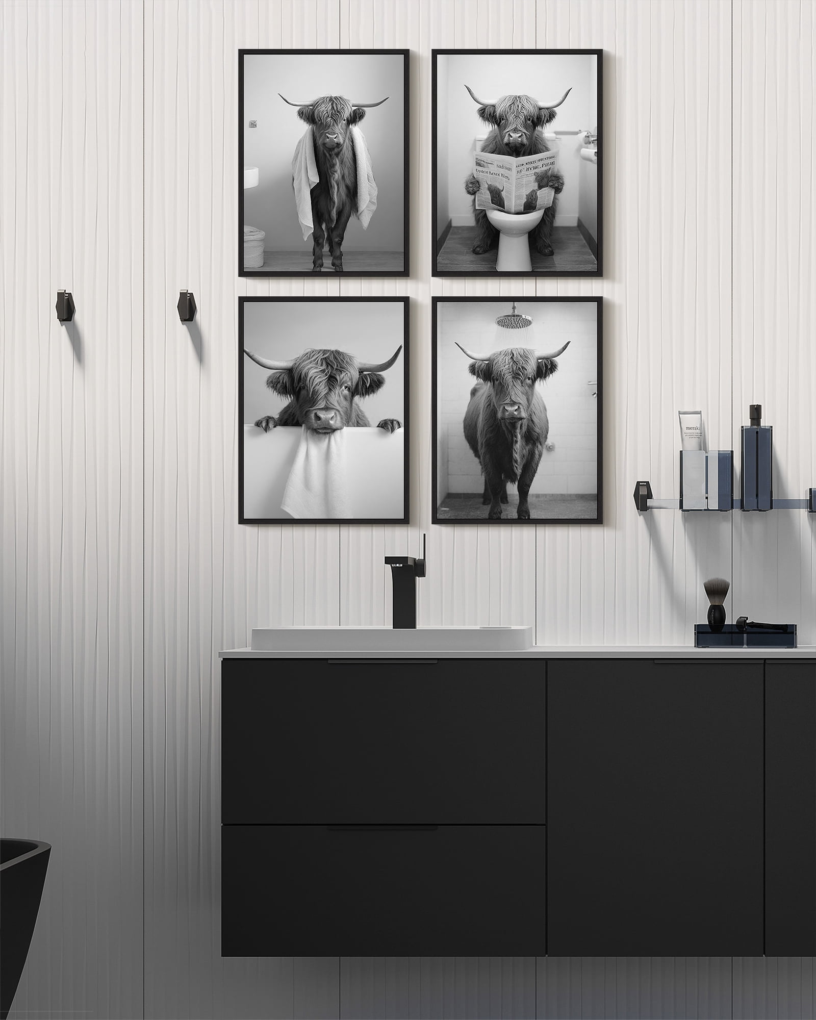 Drsoum Funny Highland Cow Bathroom Wall Ar Black and White Rustic Cute Bathroom Prints for Bathroom Restroom Decor 11x14in4pcs Black Framed