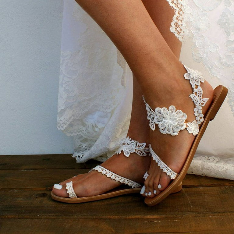 White and Silver Bridal Flip Flop, Beaded Lace Bridal Sandals