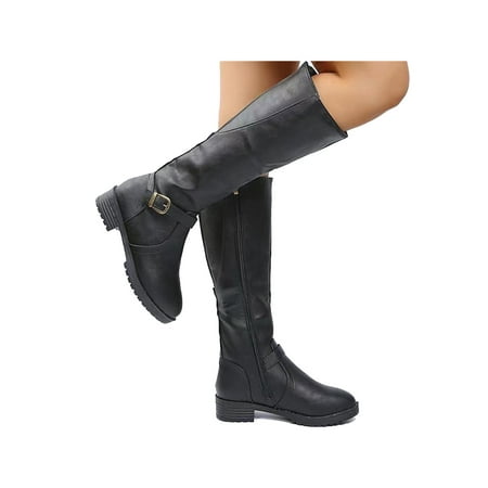 

WEARELLAS Womens Mid-Calf Boots Ladies Flat Slip On Zipper Knee High Riding Boot Shoes Casual