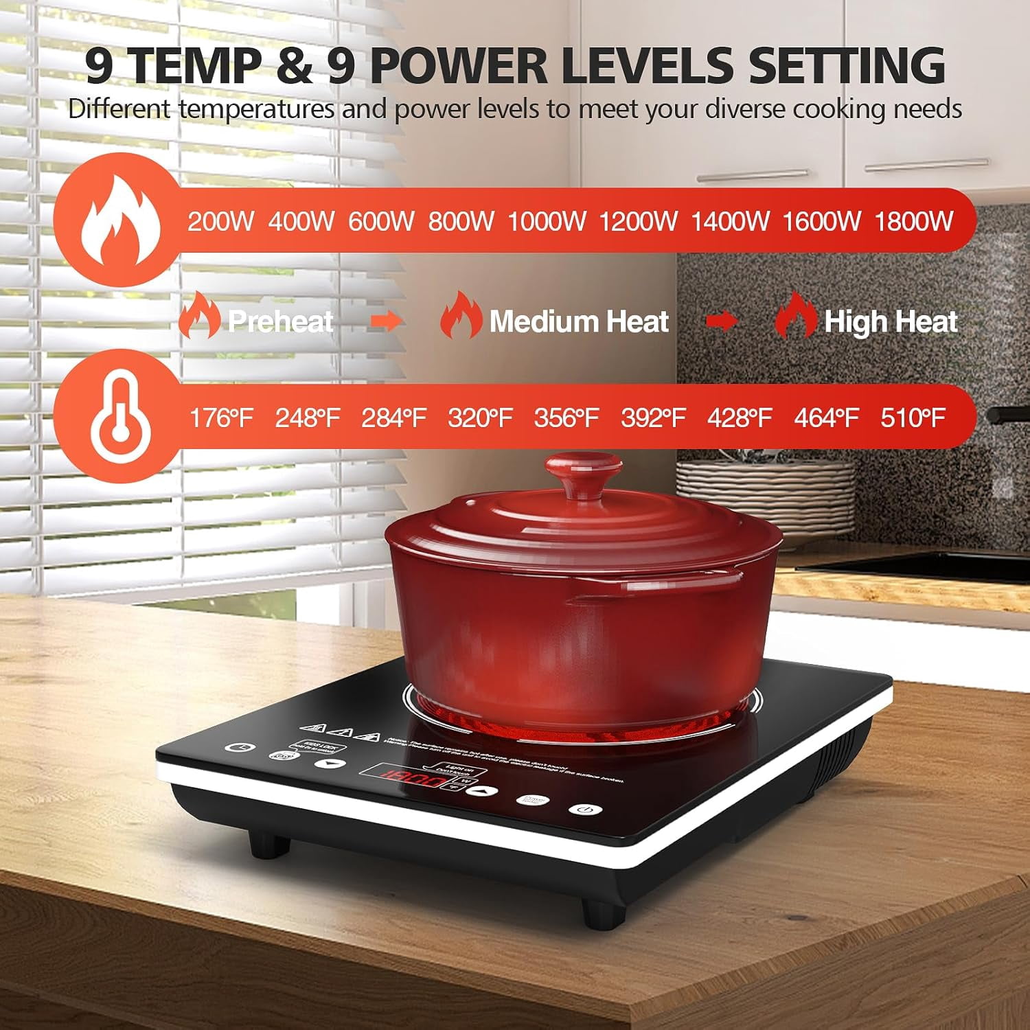 1800W Single Burner Electric Cooktop with Touch Control, 9 Power Levels, Child Lock Timer for Home Camping