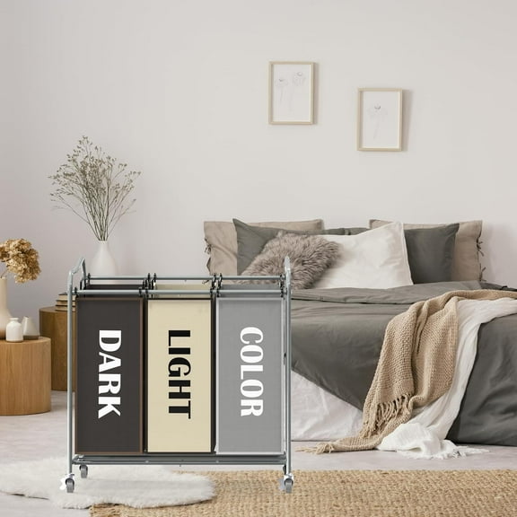 Heavy Duty 3-Bag Laundry Sorter Rolling Cart, Silver/Assorted – Durable Triple Laundry Hamper with Removable Bags and Lockable Wheels for Laundry Room Organization