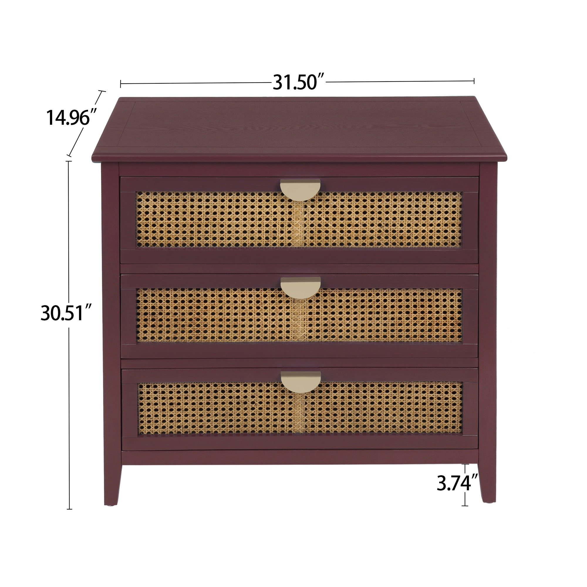 Resenkos Rustic Wood Dresser for Bedroom with 3 Rattan Drawers, Metal Handle Storage Nightstand, Red Finish Resenkos Rustic Wood Dresser for Bedroom with 3 Rattan Drawers, Metal Handle Storage Nightstand, Red Finish