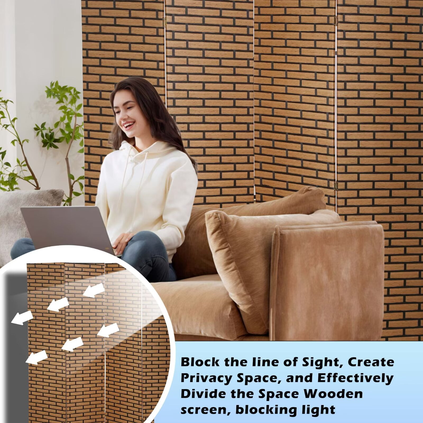 4 Panel Room Dividers Foldable Privacy Screen Decorative Indoor Screen 6TF Wooden Office Dividers Partition Wall for Home, Office, Bedroom, Brick
