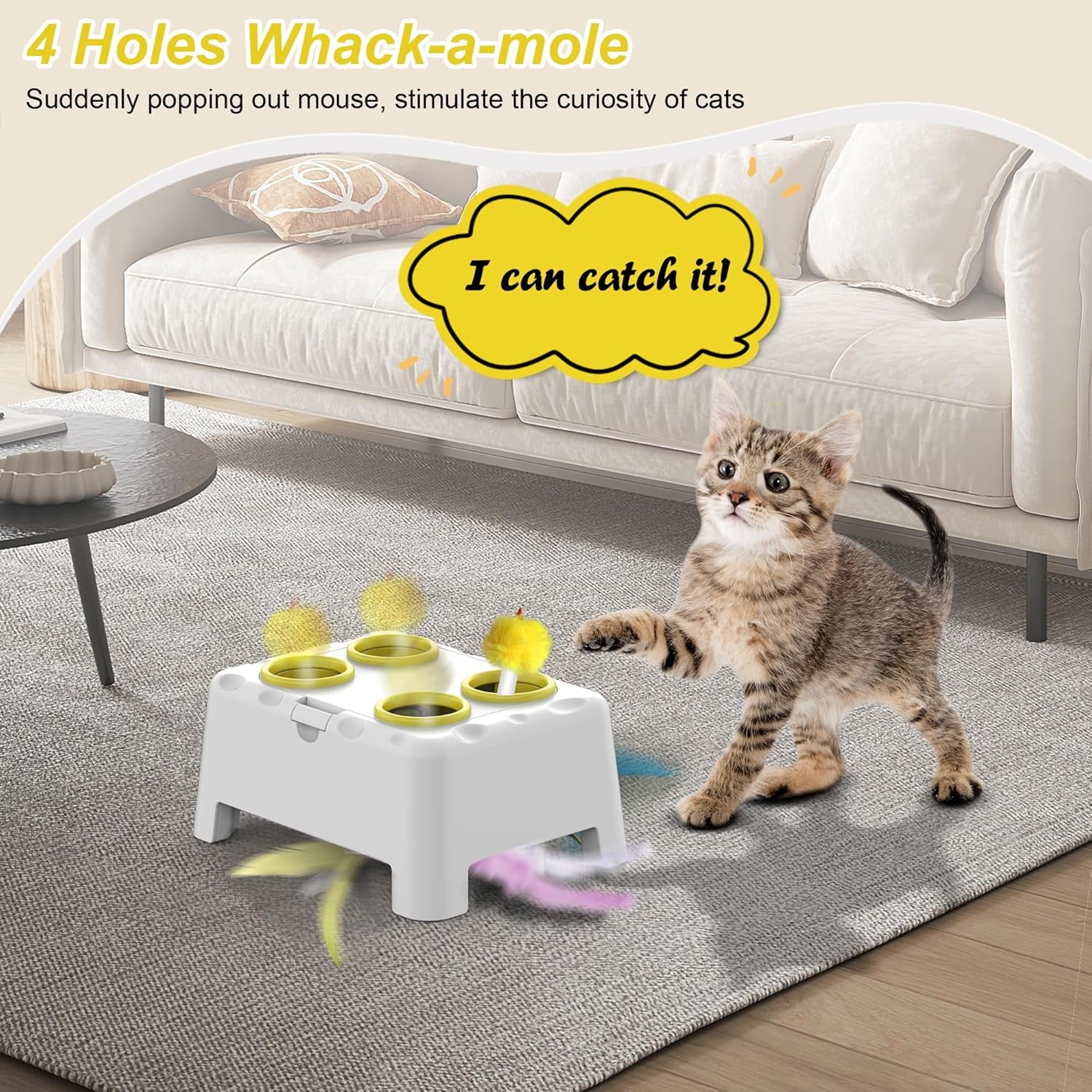 2-in-1 Interactive Cat Toys for Indoor Cats,Automatic Kitten Toy,4 Holes Mole,Rotating Feather, Rechargeable USB Interactive Cat Feather Toys for Bored Indoor Cats