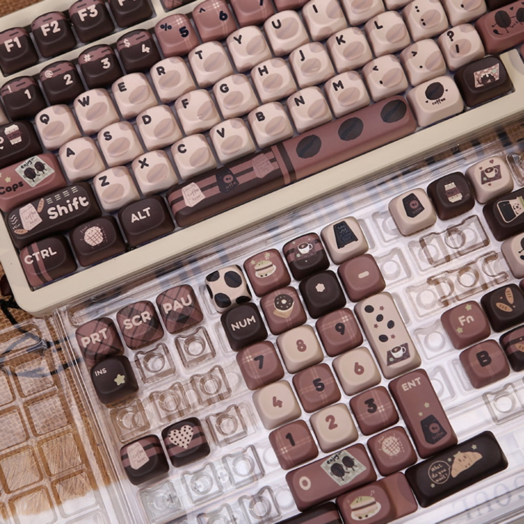 PBT Keycaps Set 131Keys MOA Height Heat Sublimated Cartoon Coffee Beans Theme for Mechanical Keyboards