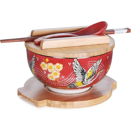 

HSKM-CRNOR7 Japanese Kamameshi Vintage Style Rice Noodle Ramen Bowl with Bamboo Lid Trivet Chopsticks and Porcelain Spoon Bowl Set Crane