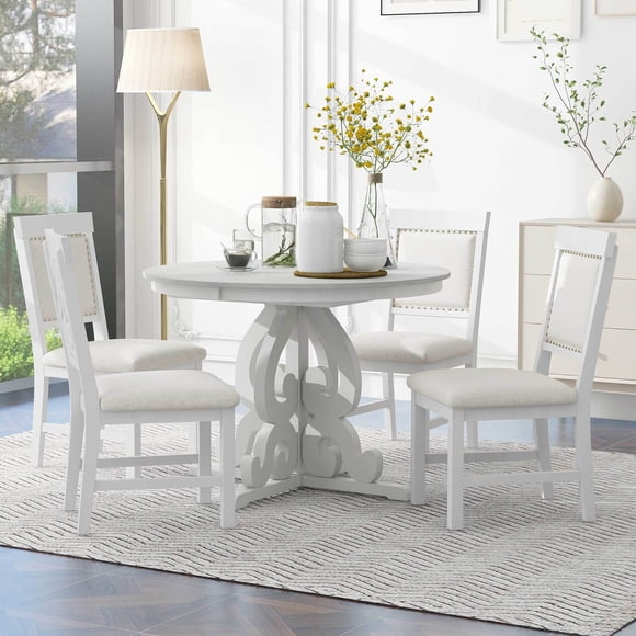 MODERNLUXE 5 Piece Round Dining Table Set for 4, Retro 42"-58" Extendable Kitchen Table with 4 Upholstered Chairs for Dining Room,Antique White